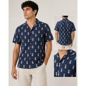 Rue Saint-Patrick Mens M Navy Blue Pineapple Print Short Sleeve Button Down